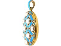 Victorian 18ct Gold & Blue Enamel Locket set with Natural Split Pearls & Rose Diamonds