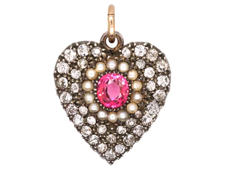 Edwardian 15ct Gold & Silver, Heart Shaped Pendant set with a Pink Tourmaline, Diamonds & Natural Split Pearls