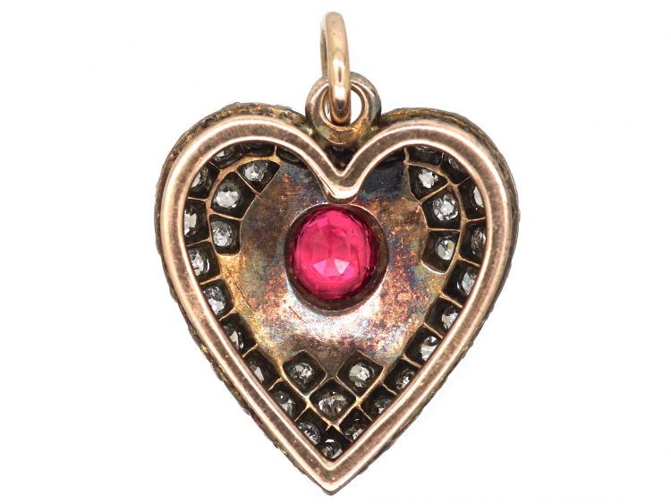 Edwardian 15ct Gold & Silver, Heart Shaped Pendant set with a Pink Tourmaline, Diamonds & Natural Split Pearls