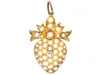 Edwardian 15ct Gold Heart Shaped Pendant set with Natural Split Pearls & a Diamond