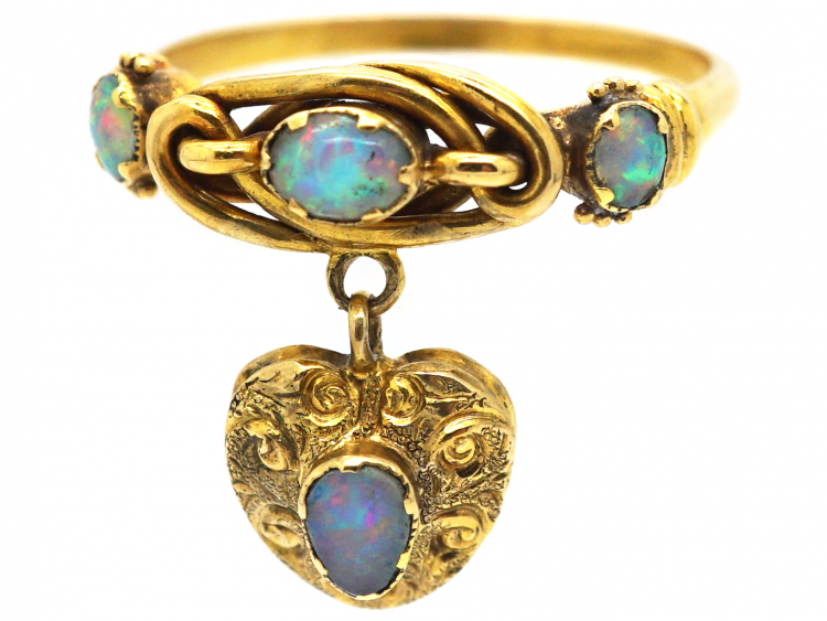 Early 19th Century 15ct Gold Lover's Knot & Heart Ring set with Opals