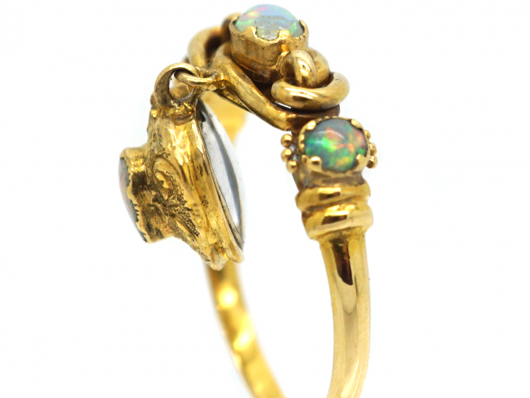 Early 19th Century 15ct Gold Lover's Knot & Heart Ring set with Opals