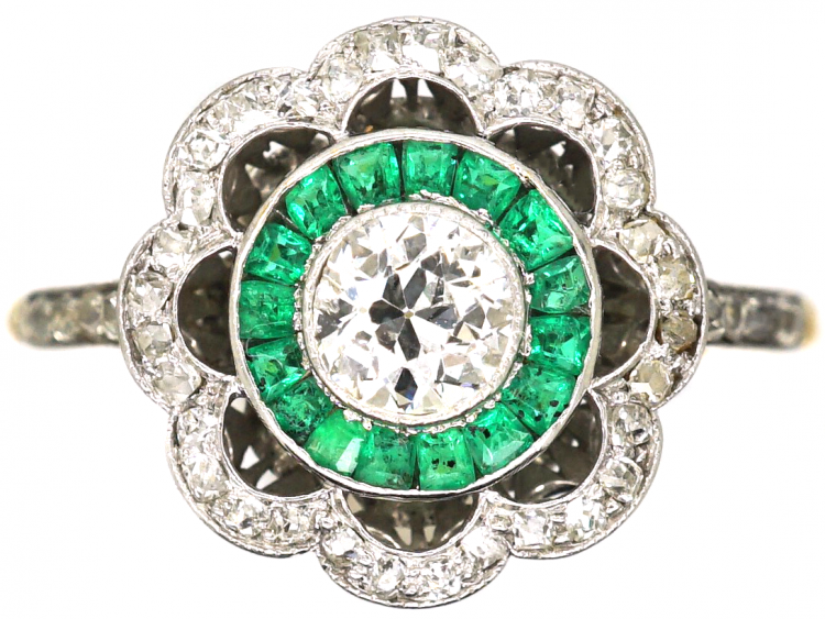 Art Deco 18ct Gold & Platinum, Emerald & Diamond Target Ring