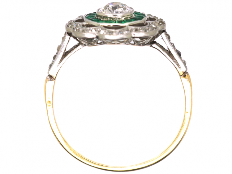 Art Deco 18ct Gold & Platinum, Emerald & Diamond Target Ring