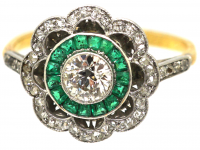 Art Deco 18ct Gold & Platinum, Emerald & Diamond Target Ring