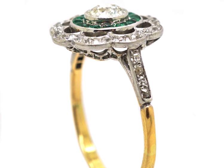 Art Deco 18ct Gold & Platinum, Emerald & Diamond Target Ring