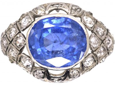 Early 20th Century 18ct White Gold, Sapphire & Diamond Ring with Cross Hatch Design