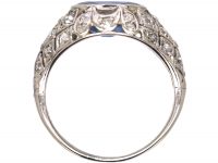 Early 20th Century 18ct White Gold, Sapphire & Diamond Ring with Cross Hatch Design