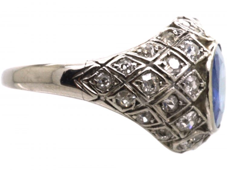 Early 20th Century 18ct White Gold, Sapphire & Diamond Ring with Cross Hatch Design