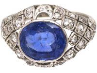 Early 20th Century 18ct White Gold, Sapphire & Diamond Ring with Cross Hatch Design