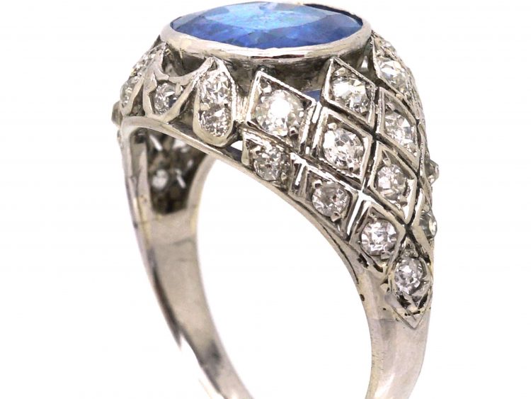 Early 20th Century 18ct White Gold, Sapphire & Diamond Ring with Cross Hatch Design