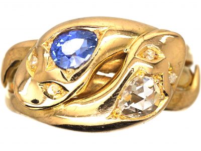 Edwardian 18ct Gold Large Double Snake Ring set with a Sapphire & a Rose Diamond