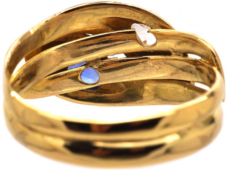 Edwardian 18ct Gold Large Double Snake Ring set with a Sapphire & a Rose Diamond