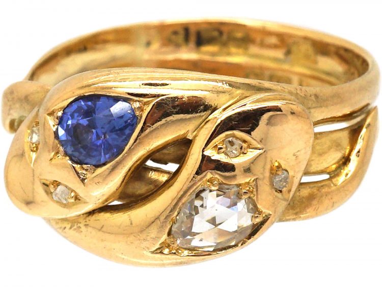 Edwardian 18ct Gold Large Double Snake Ring set with a Sapphire & a Rose Diamond