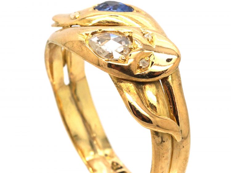 Edwardian 18ct Gold Large Double Snake Ring set with a Sapphire & a Rose Diamond