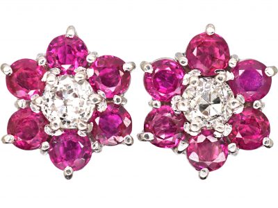 18ct White Gold, Ruby & Diamond Cluster Earrings