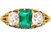 Victorian 18ct Gold, Three Stone Emerald & Diamond Ring