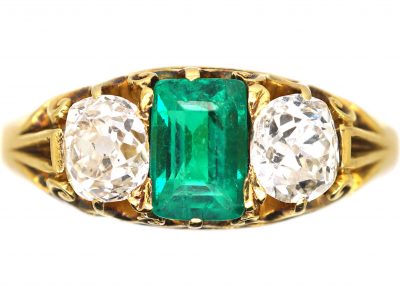 Victorian 18ct Gold, Three Stone Emerald & Diamond Ring