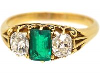 Victorian 18ct Gold, Three Stone Emerald & Diamond Ring