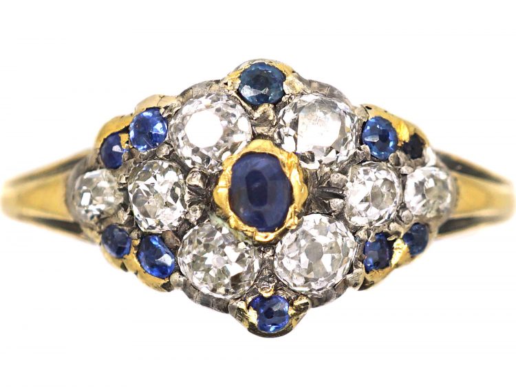 Victorian 18ct Gold & Silver, Sapphire & Diamond Cluster Ring