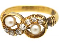 Edwardian 18ct Gold Twist Ring set with Diamonds & Natural Pearls