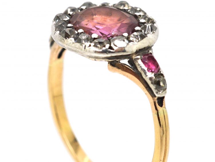 Georgian 15ct Gold & Silver, Pink Topaz, Diamond & Ruby Cluster Ring