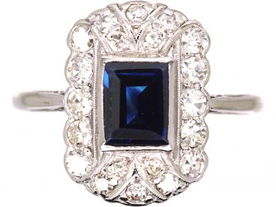 Art Deco 18ct White Gold & Platinum, Sapphire & Diamond Rectangular Ring