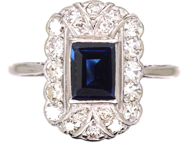 Art Deco 18ct White Gold & Platinum, Sapphire & Diamond Rectangular Ring