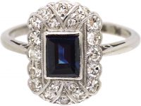 Art Deco 18ct White Gold & Platinum, Sapphire & Diamond Rectangular Ring