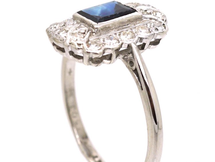 Art Deco 18ct White Gold & Platinum, Sapphire & Diamond Rectangular Ring