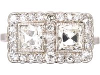 Early 20th Century Platinum Double Square Ring set with Two Princess Cut Diamonds