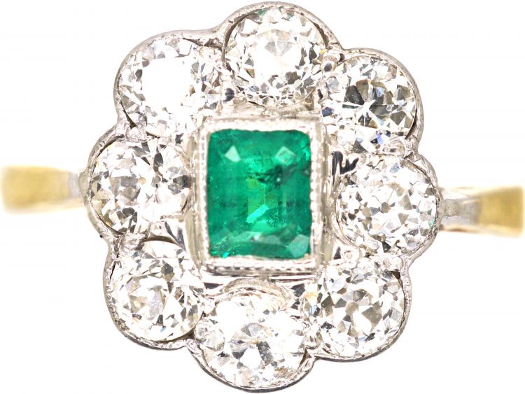 Edwardian 18ct Gold & Platinum Rectangular Cut Emerald & Diamond Cluster Ring