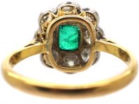 Edwardian 18ct Gold & Platinum Rectangular Cut Emerald & Diamond Cluster Ring