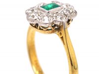 Edwardian 18ct Gold & Platinum Rectangular Cut Emerald & Diamond Cluster Ring