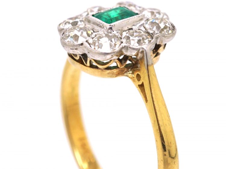 Edwardian 18ct Gold & Platinum Rectangular Cut Emerald & Diamond Cluster Ring