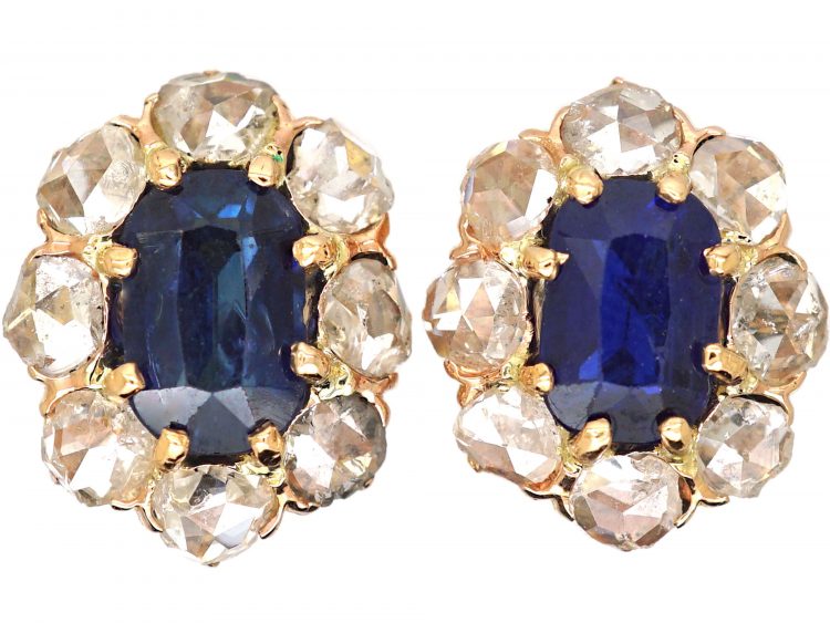 Victorian 18ct Gold Sapphire & Rose Diamond Cluster Earrings