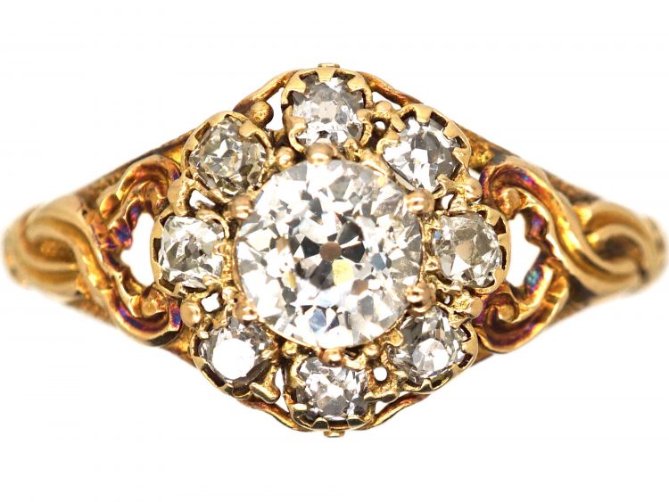 Regency 18ct Gold Diamond Cluster Ring with Ornate Shoulders