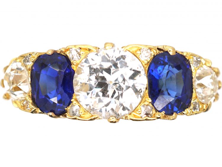 Victorian 18ct Gold, Five Stone Sapphire & Diamond Carved Half Hoop Ring