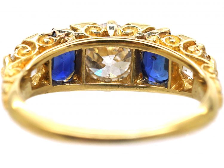 Victorian 18ct Gold, Five Stone Sapphire & Diamond Carved Half Hoop Ring