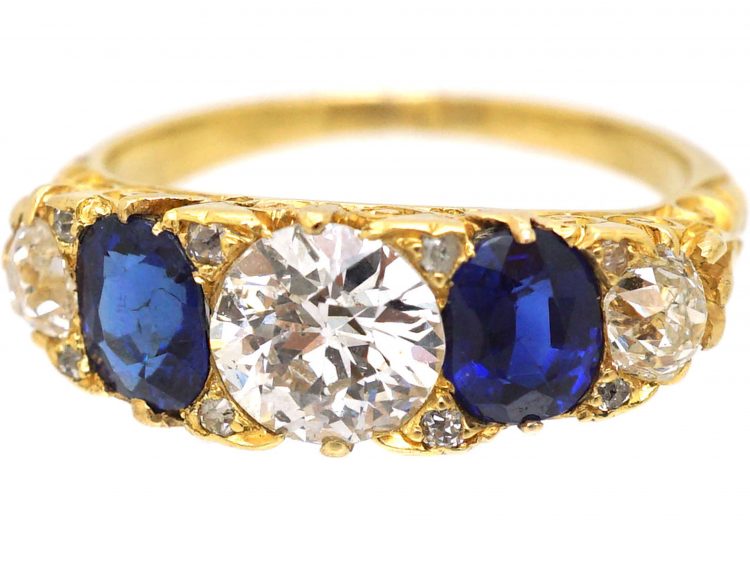 Victorian 18ct Gold, Five Stone Sapphire & Diamond Carved Half Hoop Ring