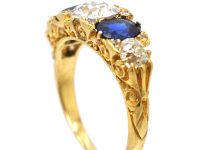 Victorian 18ct Gold, Five Stone Sapphire & Diamond Carved Half Hoop Ring