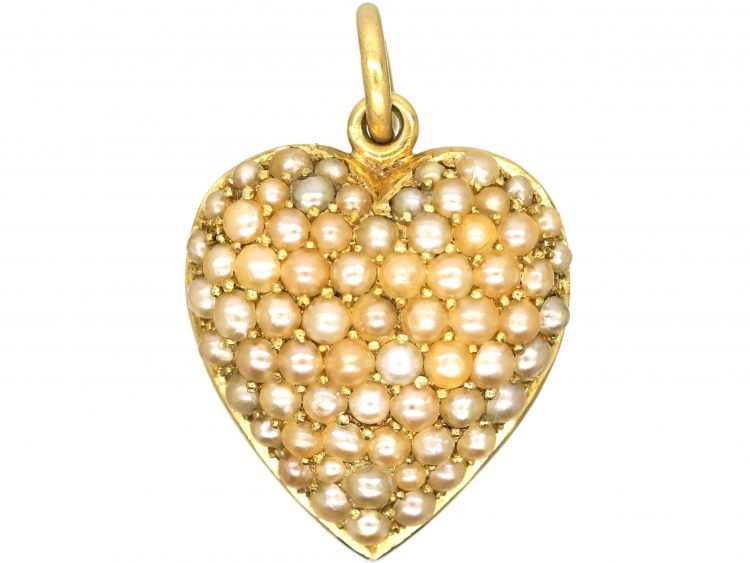 Edwardian 15ct Gold Heart Shaped Pendant Pavè set with Natural Split Pearls