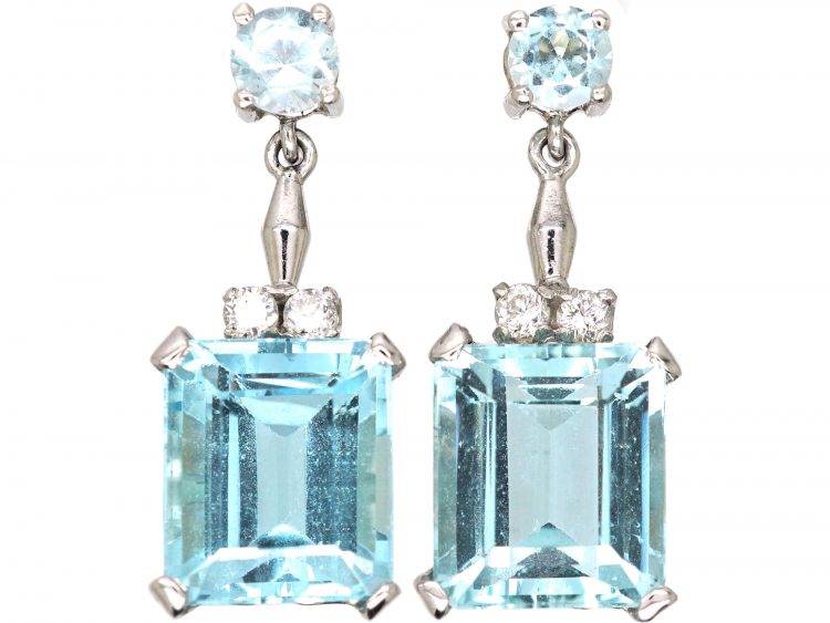 Retro 18ct White Gold Earrings set with Aquamarines & Diamonds