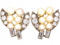 Art Deco 18ct White Gold Earrings set with Natural Pearls & Diamonds