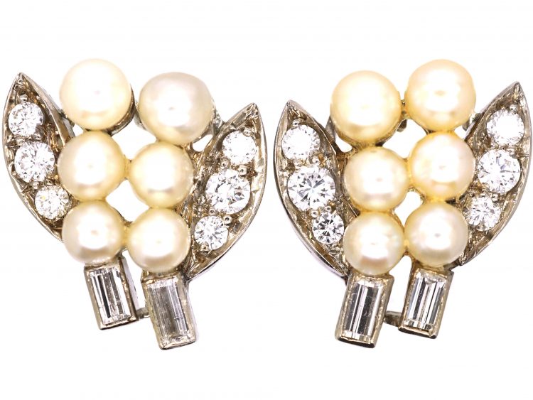 Art Deco 18ct White Gold Earrings set with Natural Pearls & Diamonds