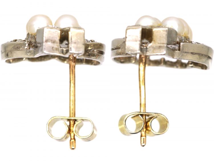 Art Deco 18ct White Gold Earrings set with Natural Pearls & Diamonds