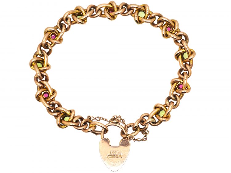 Edwardian 9ct Gold Knot Bracelet set with Peridots & Rubies