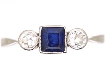 Edwardian Platinum, Square Cut Sapphire & Diamond Three Stone Ring