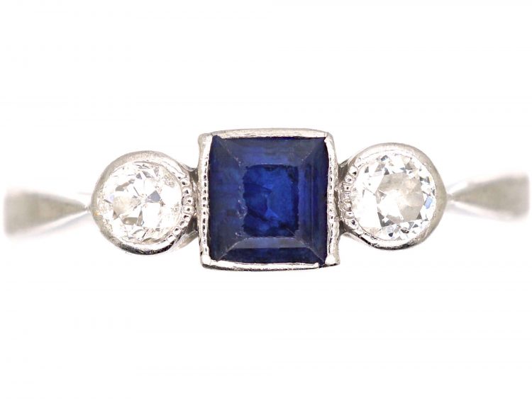 Edwardian Platinum, Square Cut Sapphire & Diamond Three Stone Ring