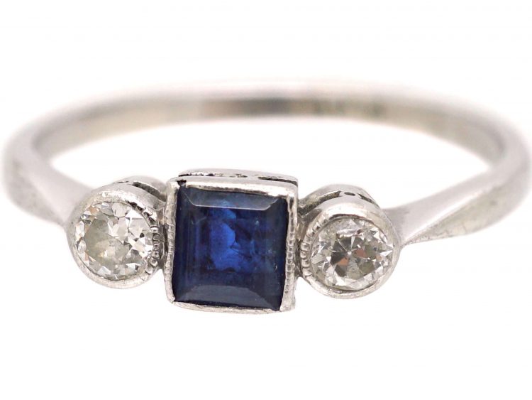 Edwardian Platinum, Square Cut Sapphire & Diamond Three Stone Ring